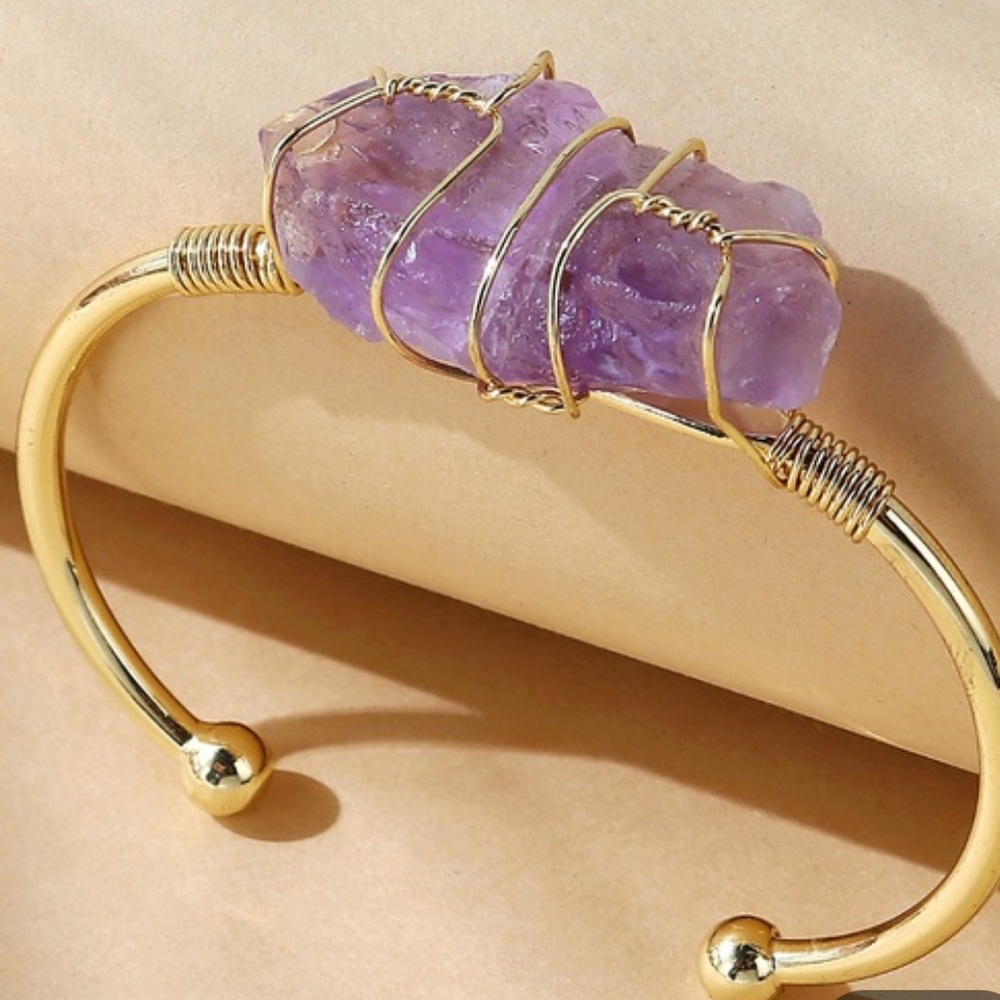 Natural Cut Amethyst Cuff Bracelet Gold Plated